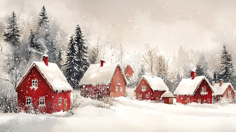 高清大图下载【趣麦麦图】冬日红屋雪景