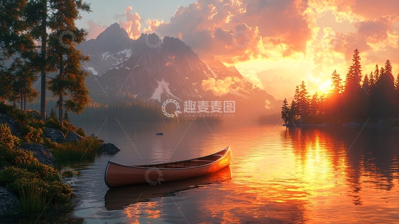 高清大图下载【趣麦麦图】日落湖泊山脉独木舟