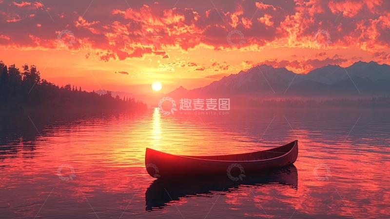 高清大图下载【趣麦麦图】红霞夕阳下湖边独木舟