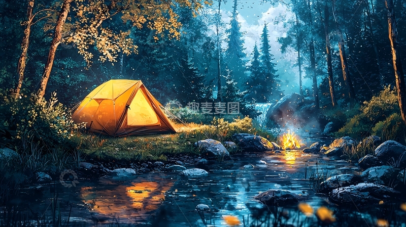 高清大图下载【趣麦麦图】夜间森林溪边露营帐篷