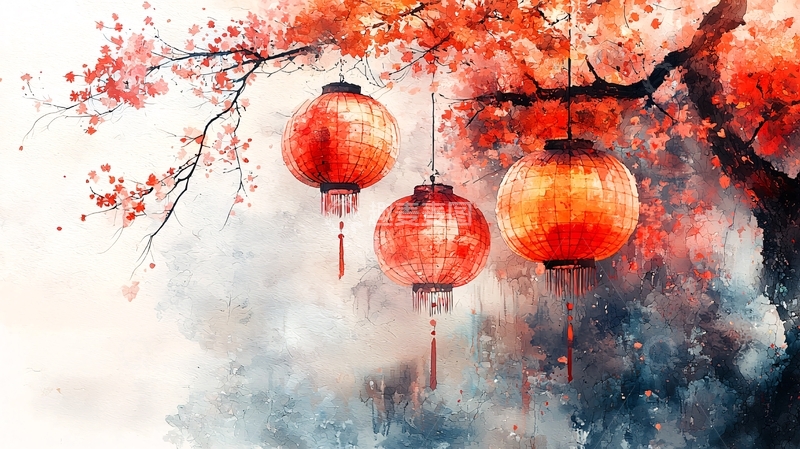 高清大图下载【趣麦麦图】红灯笼水彩画