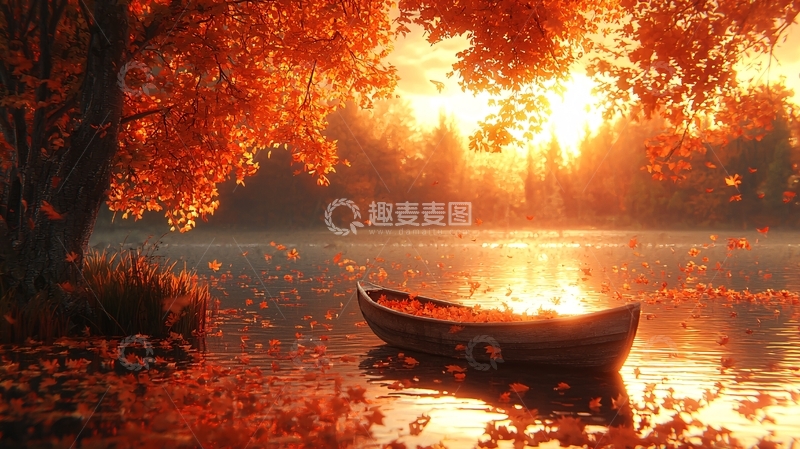 高清大图下载【趣麦麦图】秋日夕阳下的小船