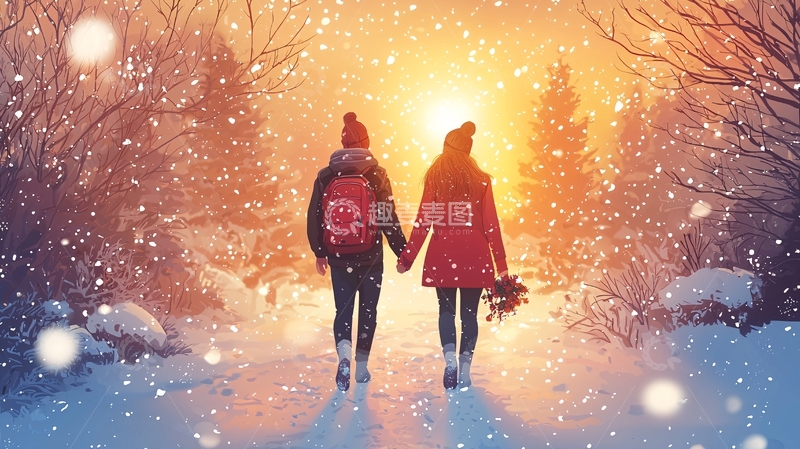 高清大图下载【趣麦麦图】冬日情侣雪中漫步