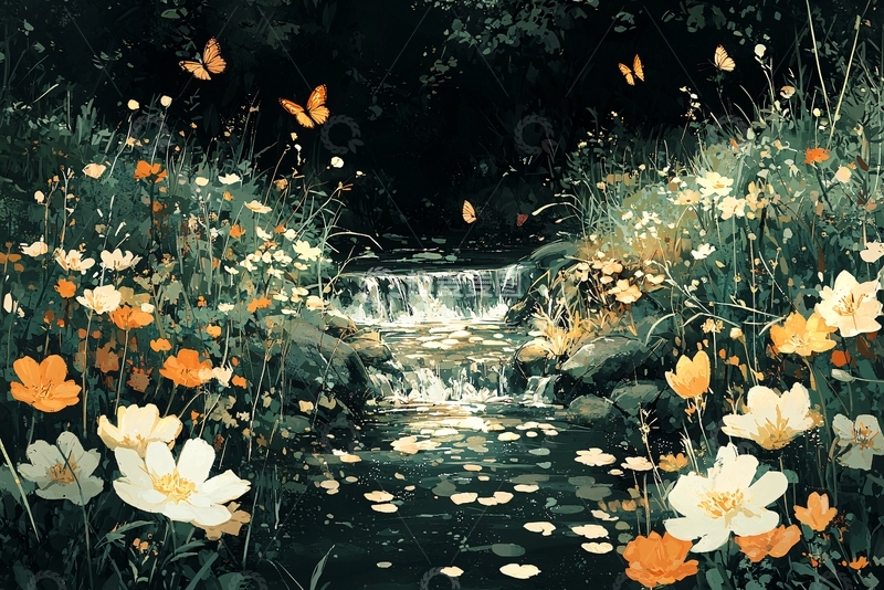 高清大图下载【趣麦麦图】夜晚瀑布花海