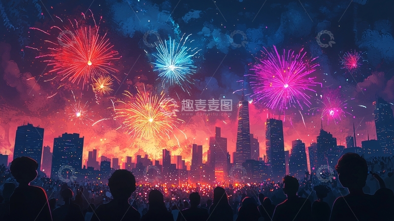 高清大图下载【趣麦麦图】绚丽烟火城市夜景