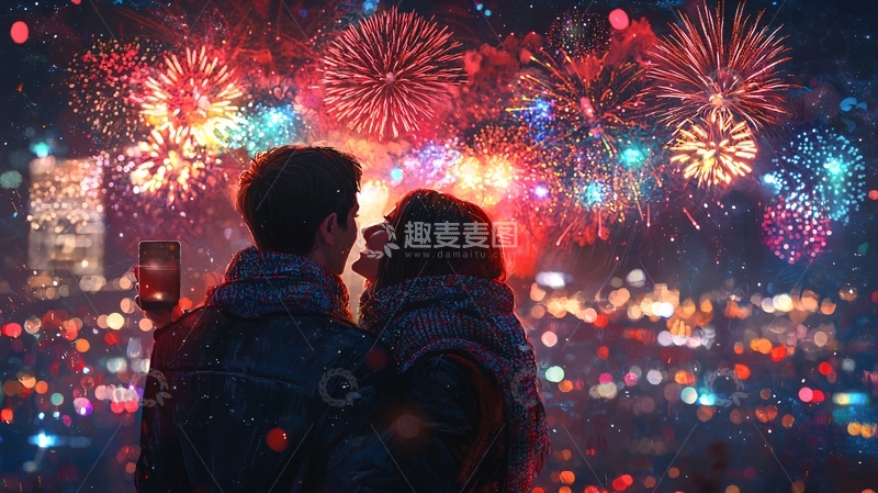 高清大图下载【趣麦麦图】烟火下的情侣