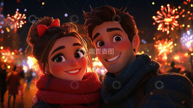 高清大图下载【趣麦麦图】新年烟火情侣卡通