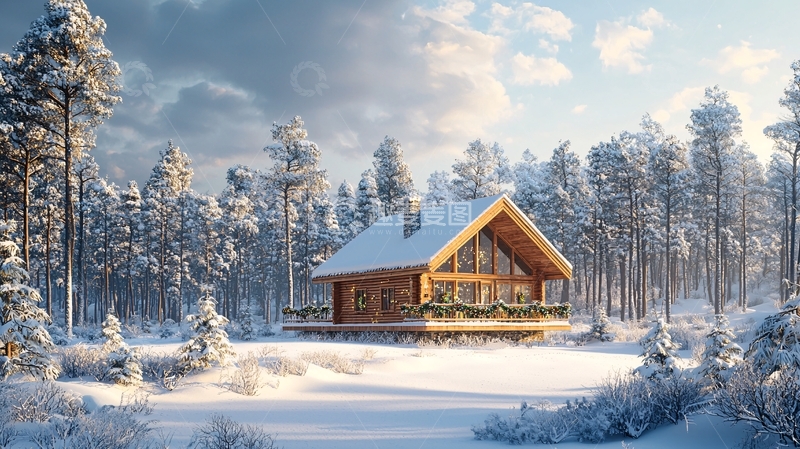 高清大图下载【趣麦麦图】冬季雪景木屋