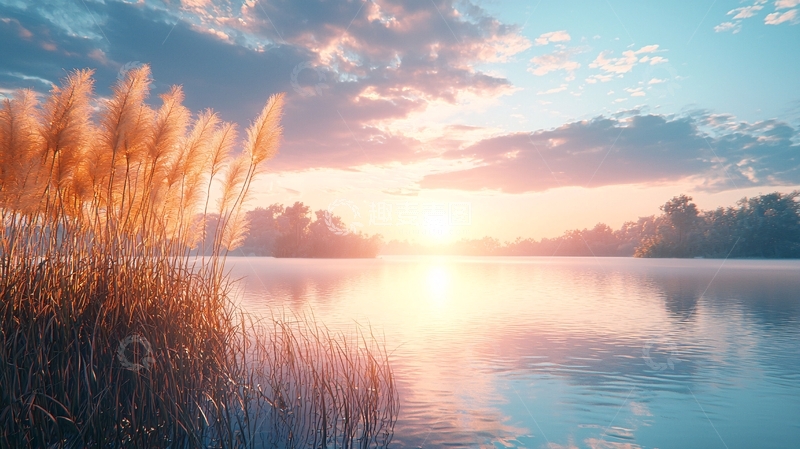 高清大图下载【趣麦麦图】宁静湖面日出