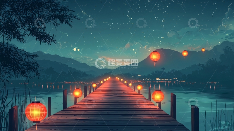 高清大图下载【趣麦麦图】夜晚湖边木栈道