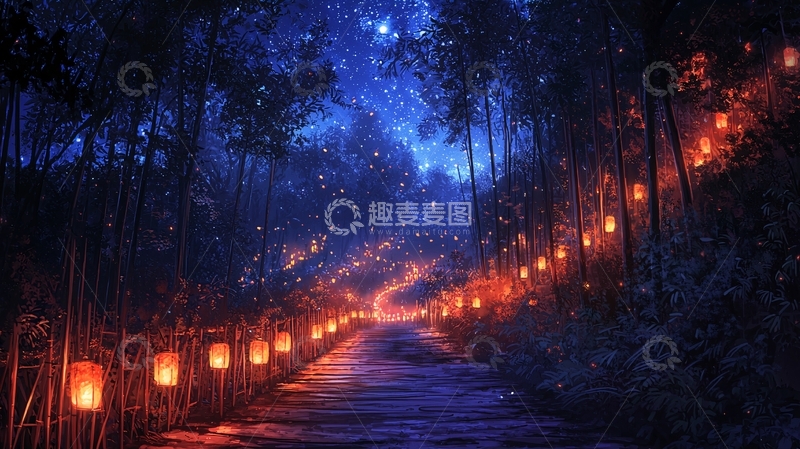 高清大图下载【趣麦麦图】夜晚萤火森林小路