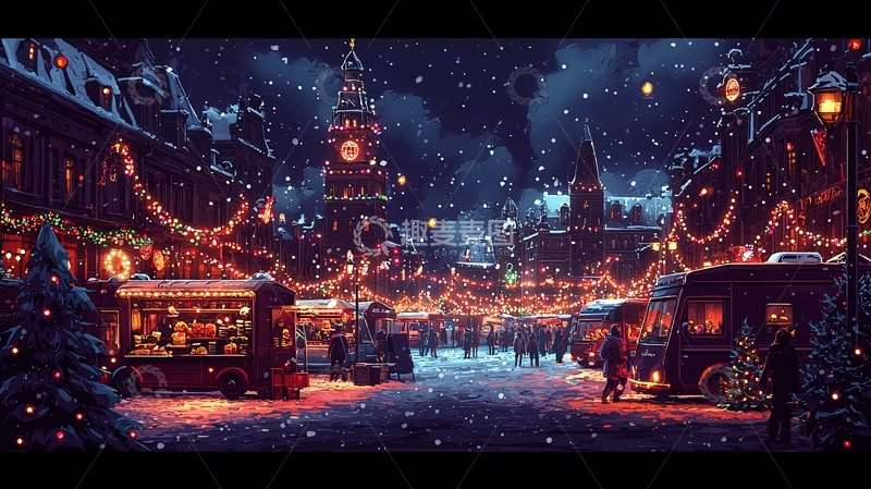 高清大图下载【趣麦麦图】下雪的圣诞小镇夜景