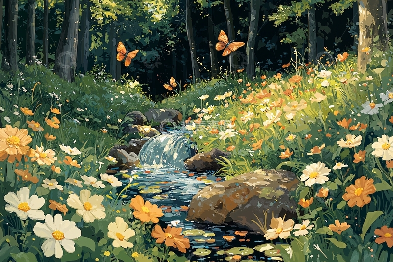 高清大图下载【趣麦麦图】森林小溪花海蝴蝶