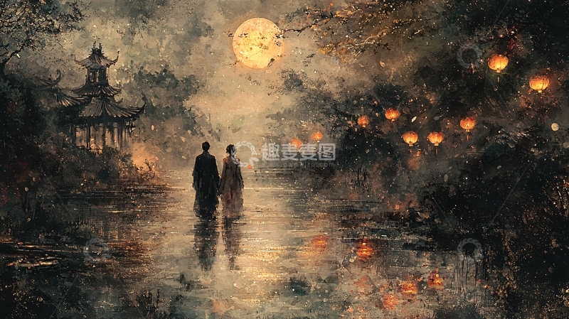 高清大图下载【趣麦麦图】水墨画风格夜景