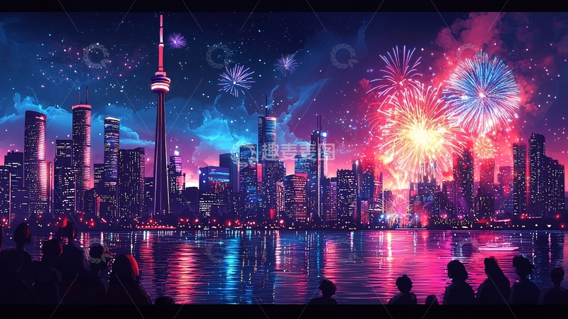 高清大图下载【趣麦麦图】炫彩烟火下的都市夜景