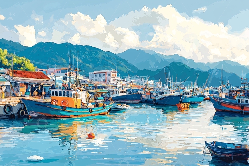 高清大图下载【趣麦麦图】海边渔村风景画