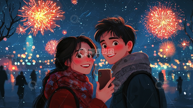 高清大图下载【趣麦麦图】新年烟火情侣合影