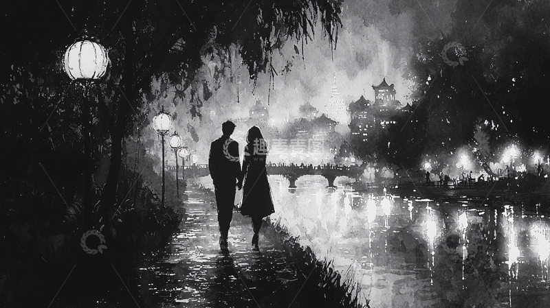 高清大图下载【趣麦麦图】黑夜里牵手漫步的情侣