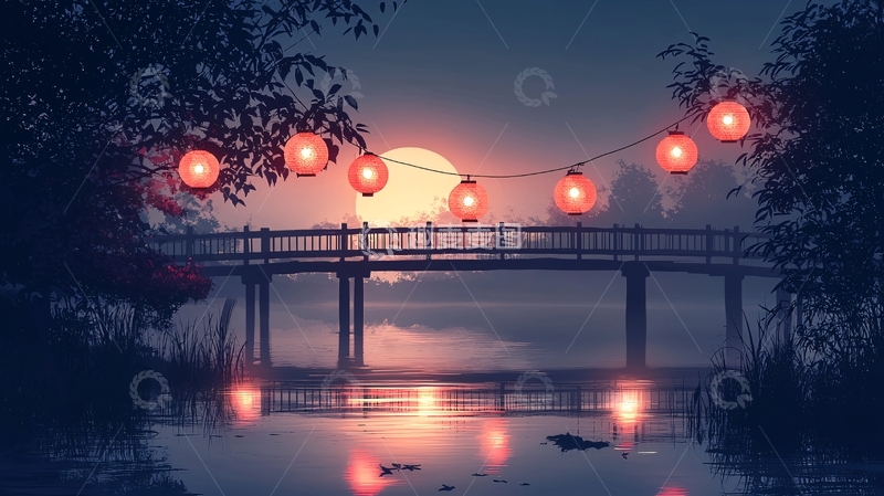 高清大图下载【趣麦麦图】夜晚小桥流水红灯笼