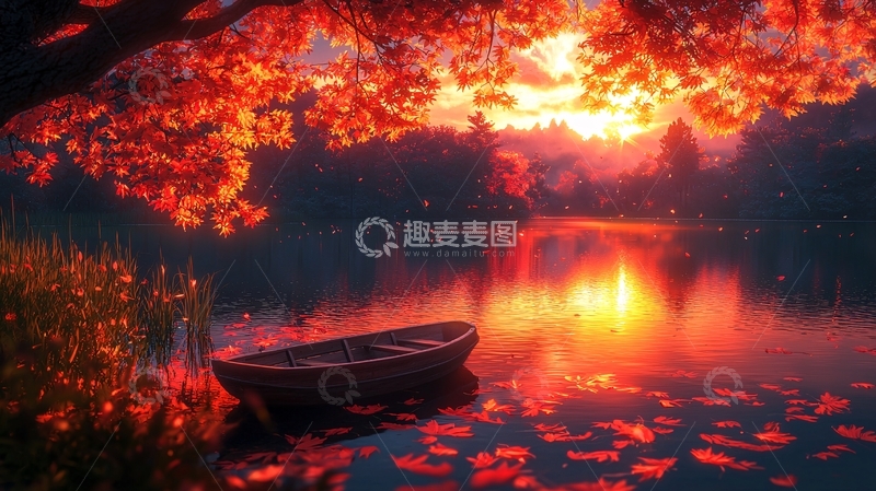 高清大图下载【趣麦麦图】秋日湖畔的绚丽夕阳