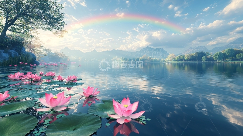高清大图下载【趣麦麦图】彩虹下的粉色莲花湖景