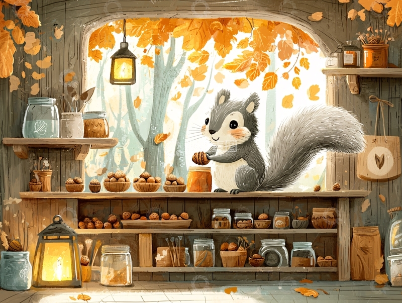 高清大图下载【趣麦麦图】秋日松鼠在小屋里储藏坚果