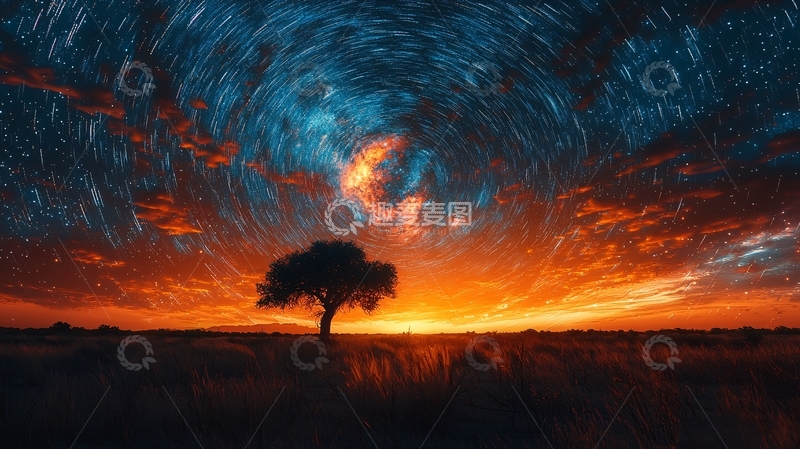 高清大图下载【趣麦麦图】孤树黄昏星空旋转