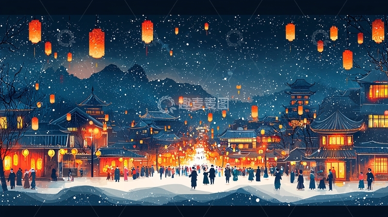 高清大图下载【趣麦麦图】雪夜灯笼小镇