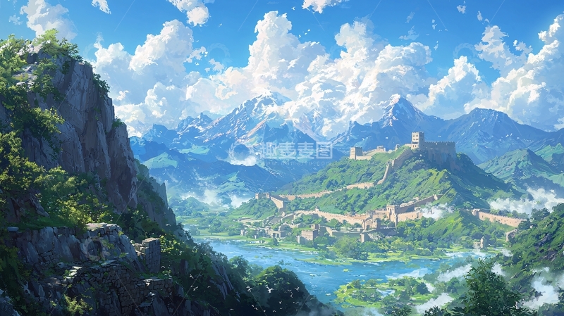 高清大图下载【趣麦麦图】阳光明媚的山川城镇风景