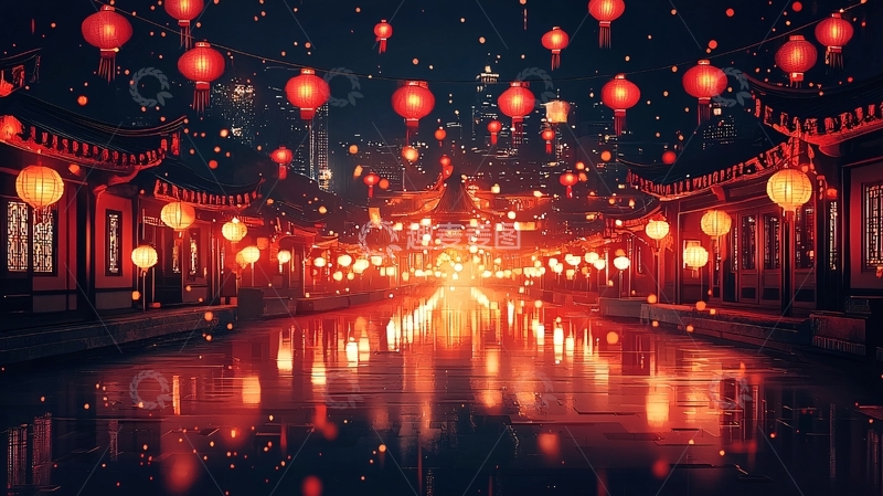 高清大图下载【趣麦麦图】红灯笼夜景古镇