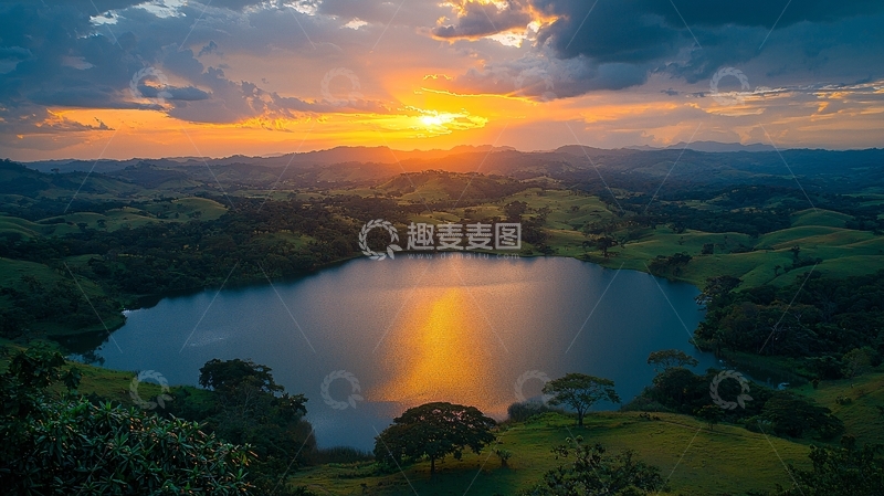 高清大图下载【趣麦麦图】山峦湖泊日落黄昏