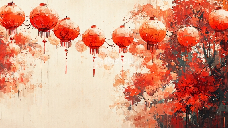 高清大图下载【趣麦麦图】红灯笼水墨画