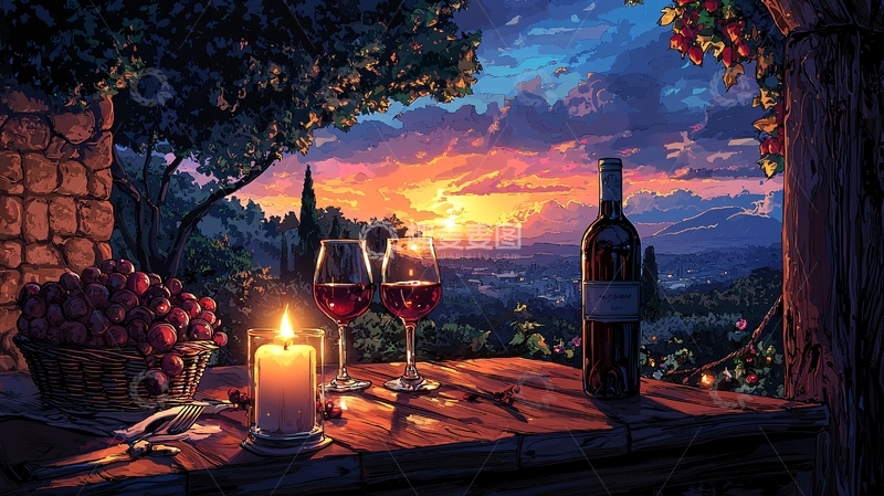 高清大图下载【趣麦麦图】浪漫日落葡萄酒庄园