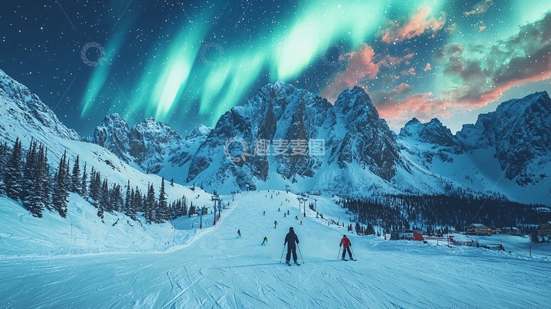 高清大图下载【趣麦麦图】极光雪山滑雪风景