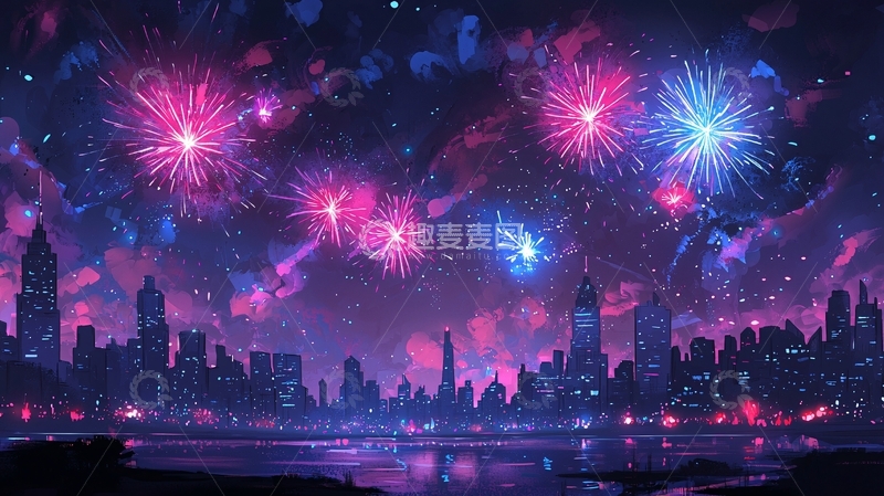 高清大图下载【趣麦麦图】梦幻烟火城市夜景
