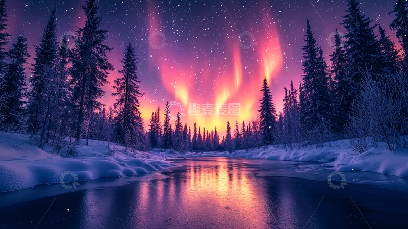 高清大图下载【趣麦麦图】极光下的雪林河流