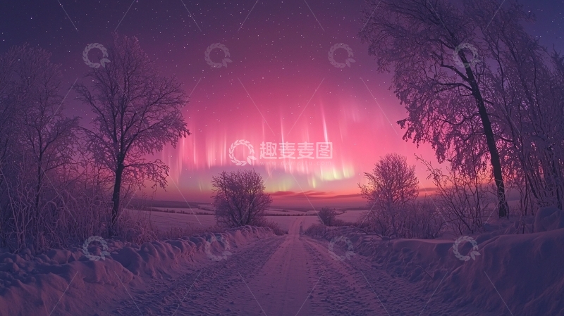 高清大图下载【趣麦麦图】极光下的雪地小路