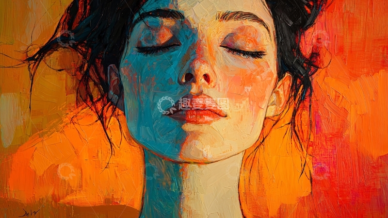 高清大图下载【趣麦麦图】闭眼女子油画肖像