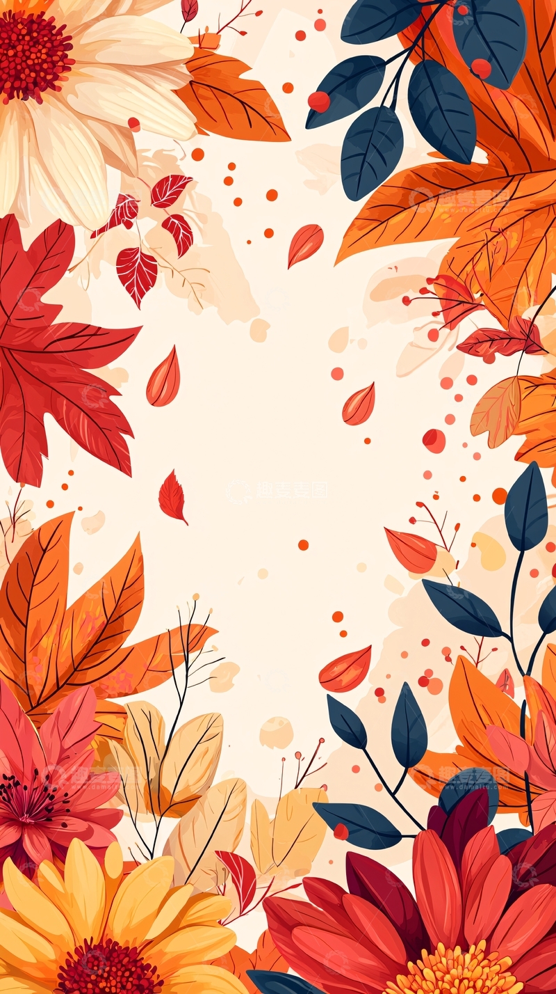 高清大图下载【趣麦麦图】秋日花叶边框背景图