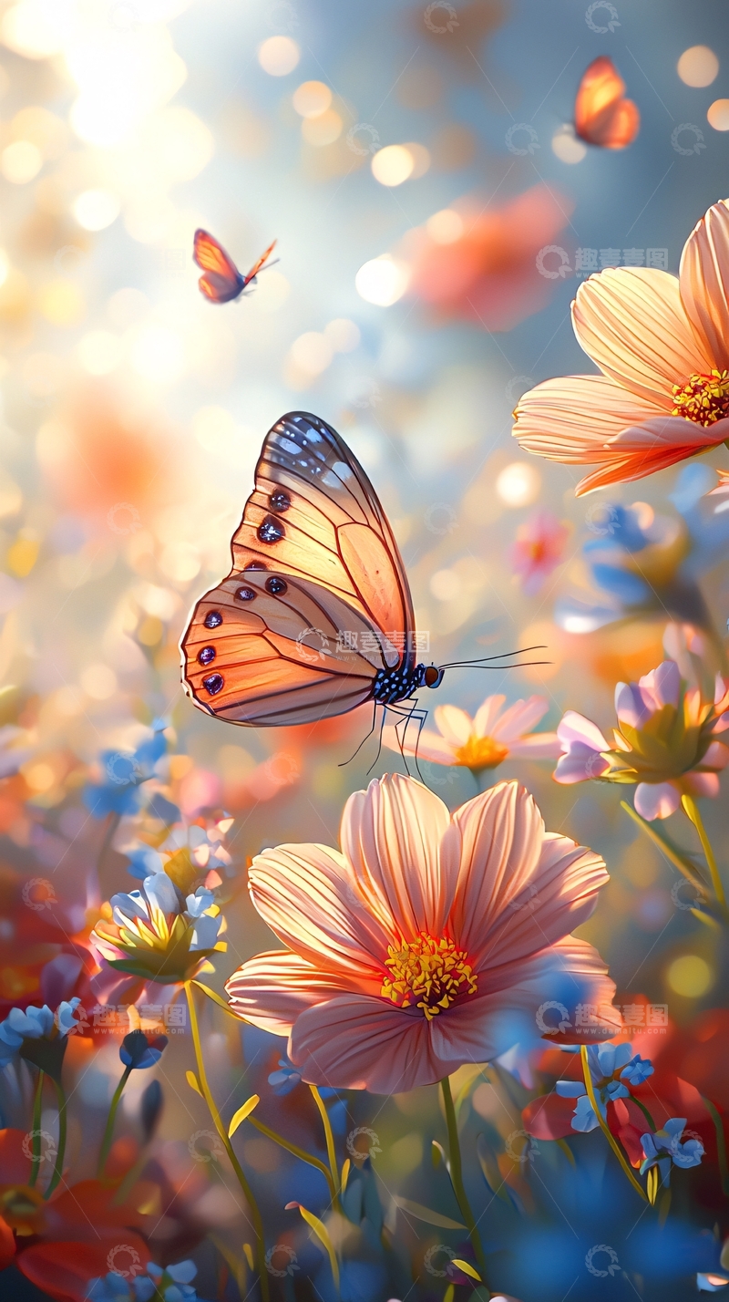 高清大图下载【趣麦麦图】阳光下的蝴蝶与花海