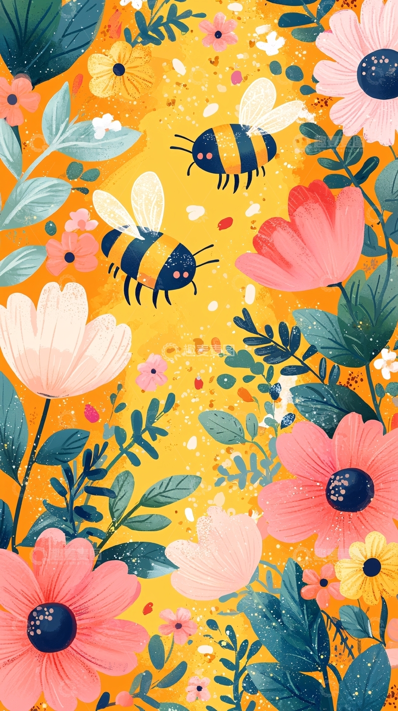 高清大图下载【趣麦麦图】蜜蜂与花朵的黄色插画