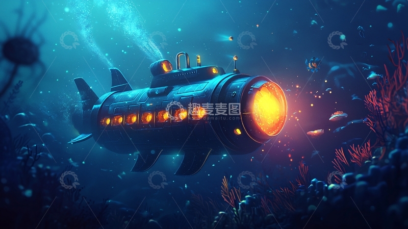高清大图下载【趣麦麦图】深海探险复古潜水艇