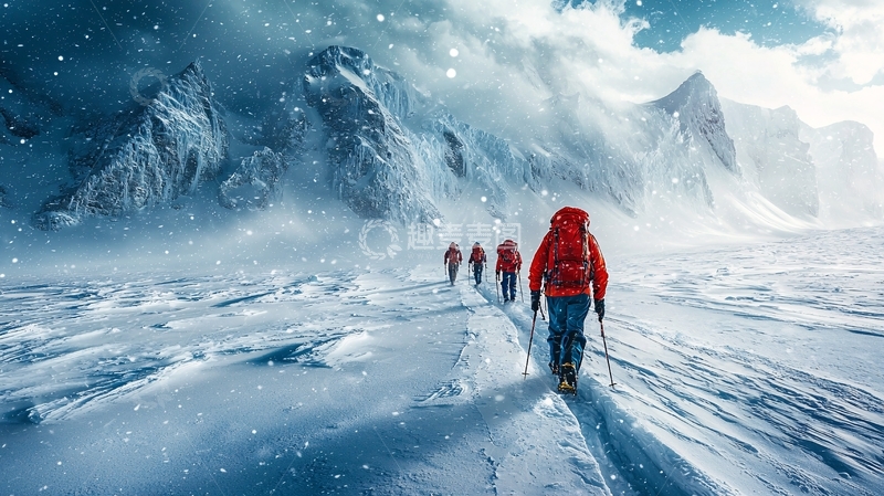 高清大图下载【趣麦麦图】暴雪中攀登雪山的登山队