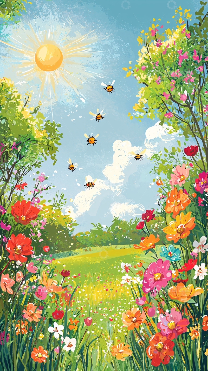 高清大图下载【趣麦麦图】阳光明媚的花田蜜蜂
