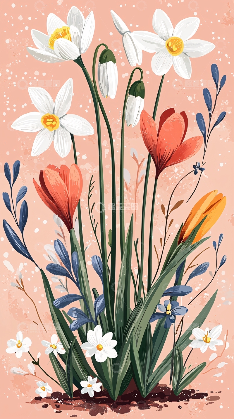 高清大图下载【趣麦麦图】粉色背景春日花束插画