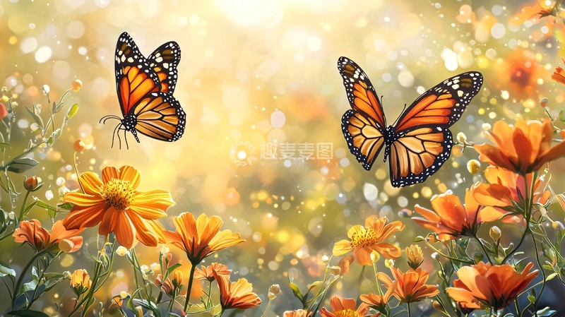高清大图下载【趣麦麦图】阳光下的蝴蝶和花朵