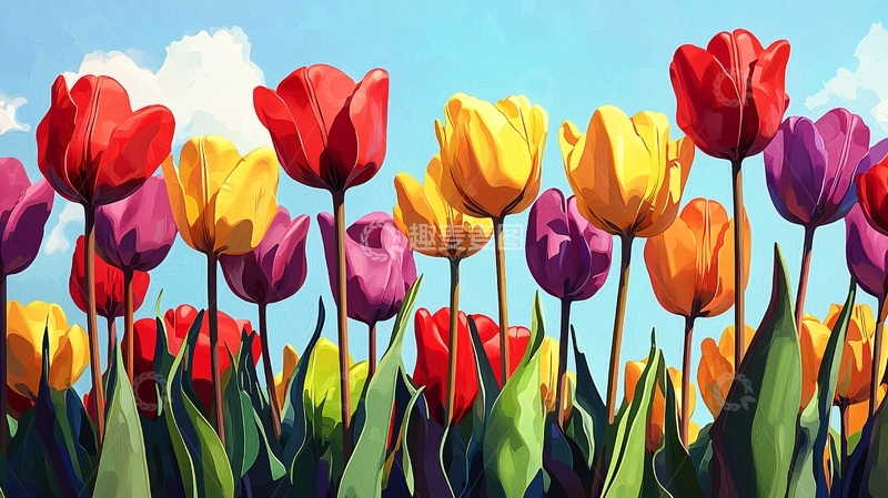 高清大图下载【趣麦麦图】阳光下五彩缤纷的郁金香花田