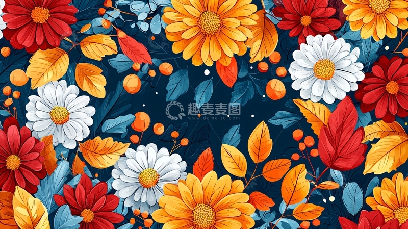 高清大图下载【趣麦麦图】秋日花卉水彩风格背景图