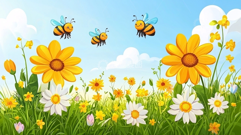 卡通蜜蜂飞舞花海