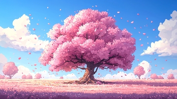 粉嫩樱花树下的梦幻田园